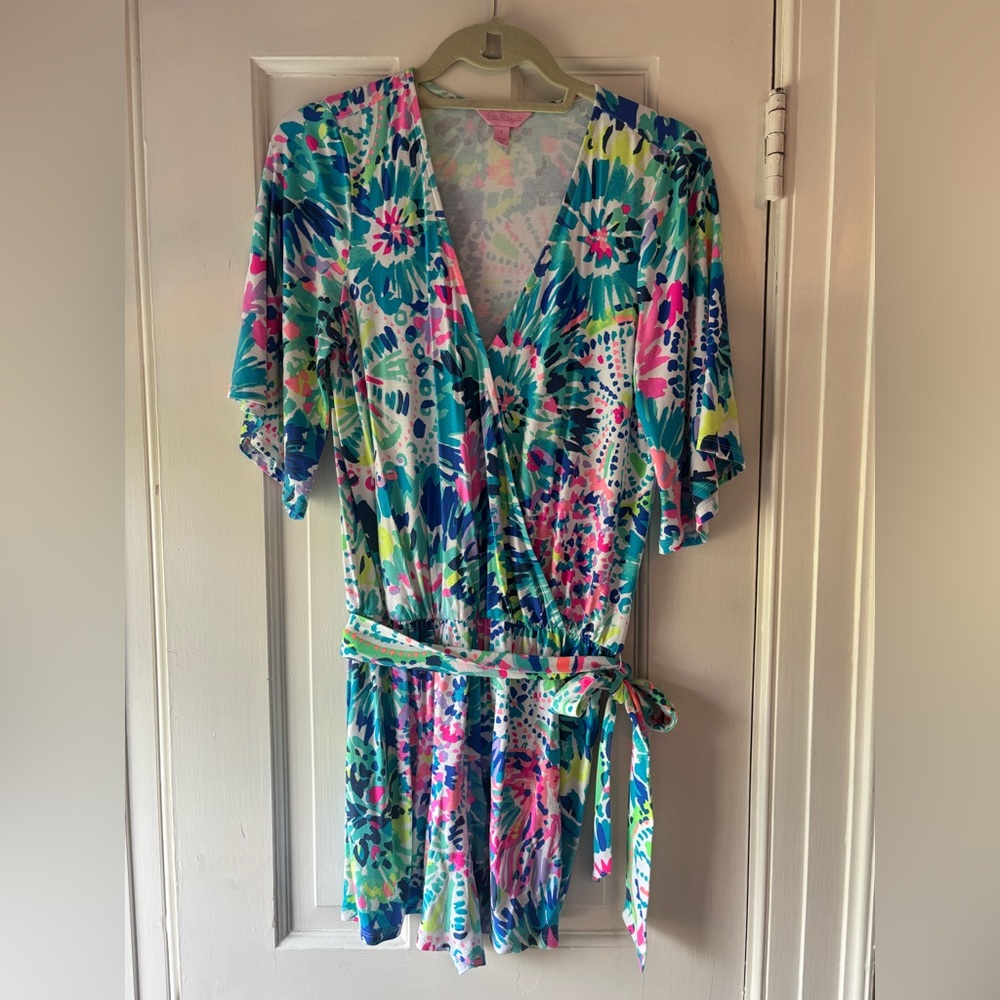 Lilly Pulitzer Womens Romper Blue Madilyn Multi Dive Tie Dye V Neck Playsuit S